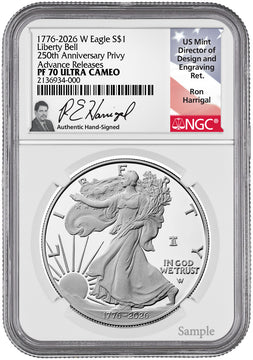 2026 W Silver Eagle Liberty Bell 250 Privy AR PF70 Harrigal (1776–2026)