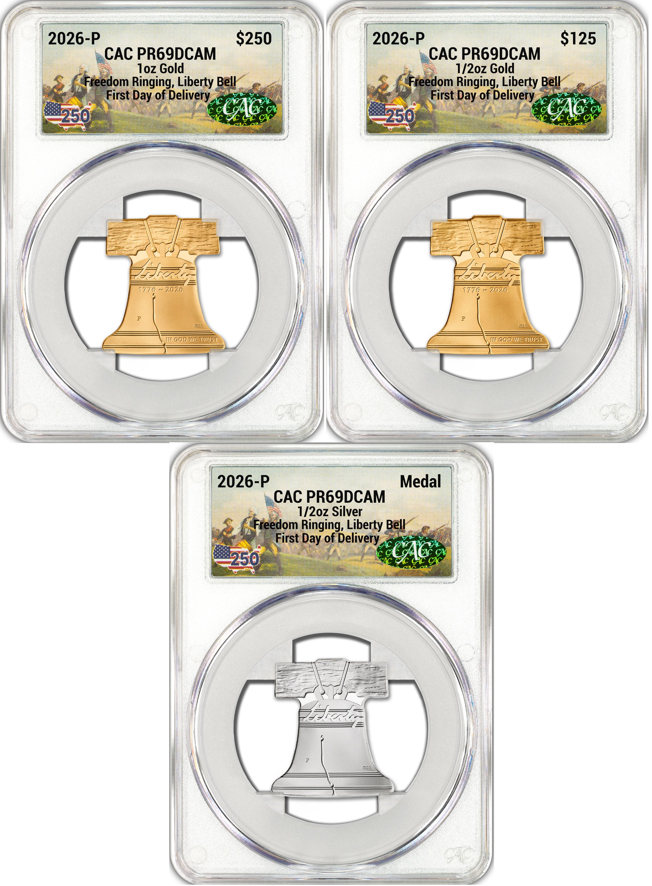 2026-P Freedom Ringing Liberty Bell 3-Coin Set FDD CAC PR69 Battlefield