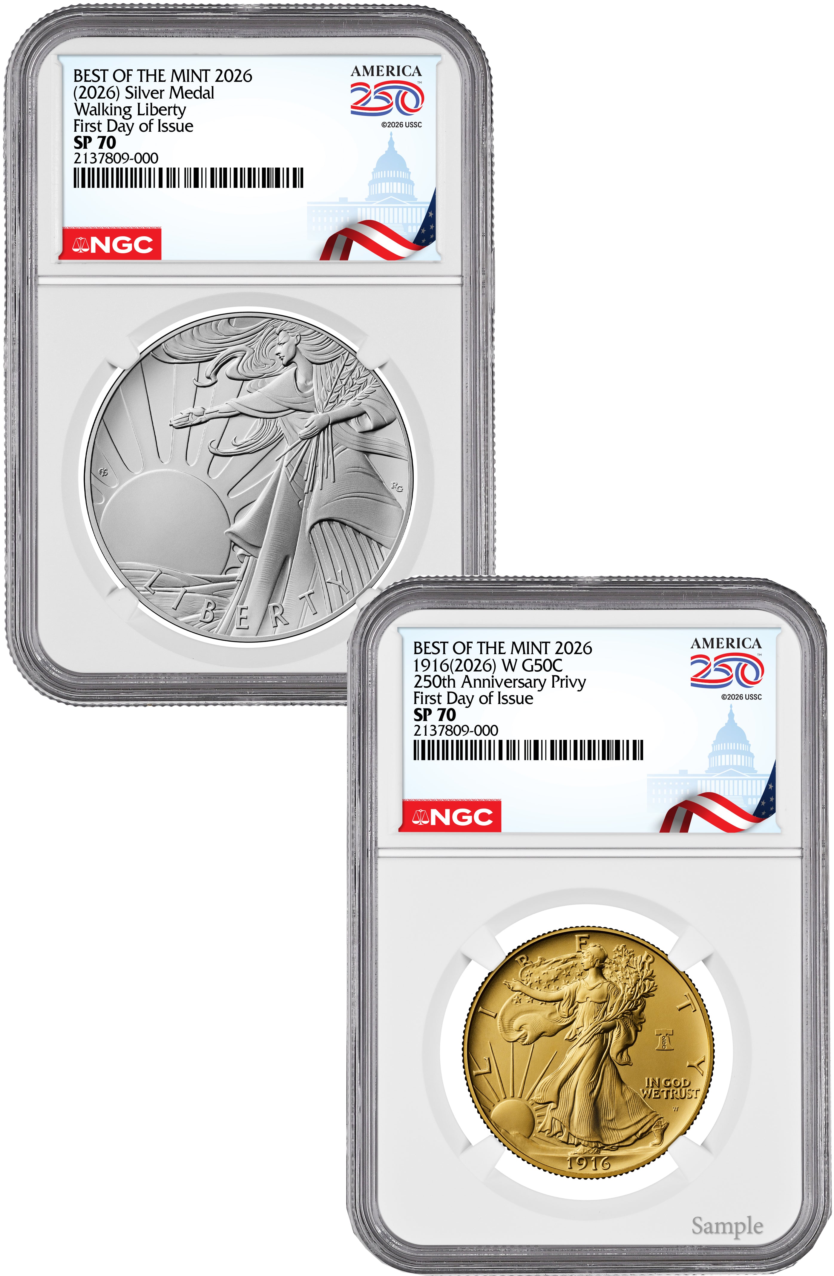 2026-W Gold Walking Liberty Half & Silver Medal Set FDI NGC SP70