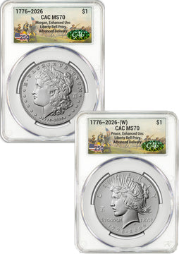 2026-W Morgan and Peace Dollar Enhanced 2-Coin Set CAC MS70 AD Battlefield Label