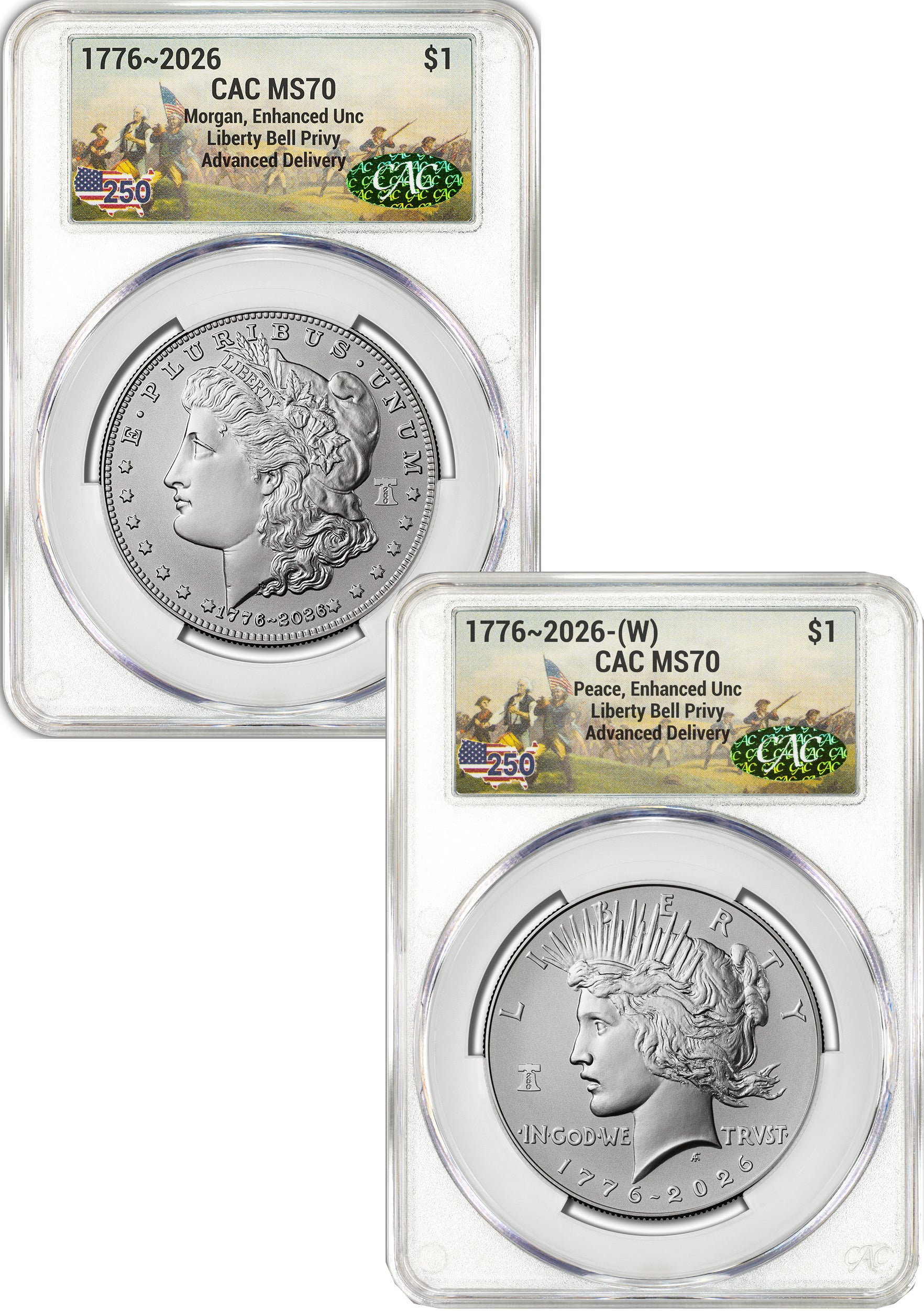 2026-W Morgan and Peace Dollar Enhanced 2-Coin Set CAC MS70 AD Battlefield Label