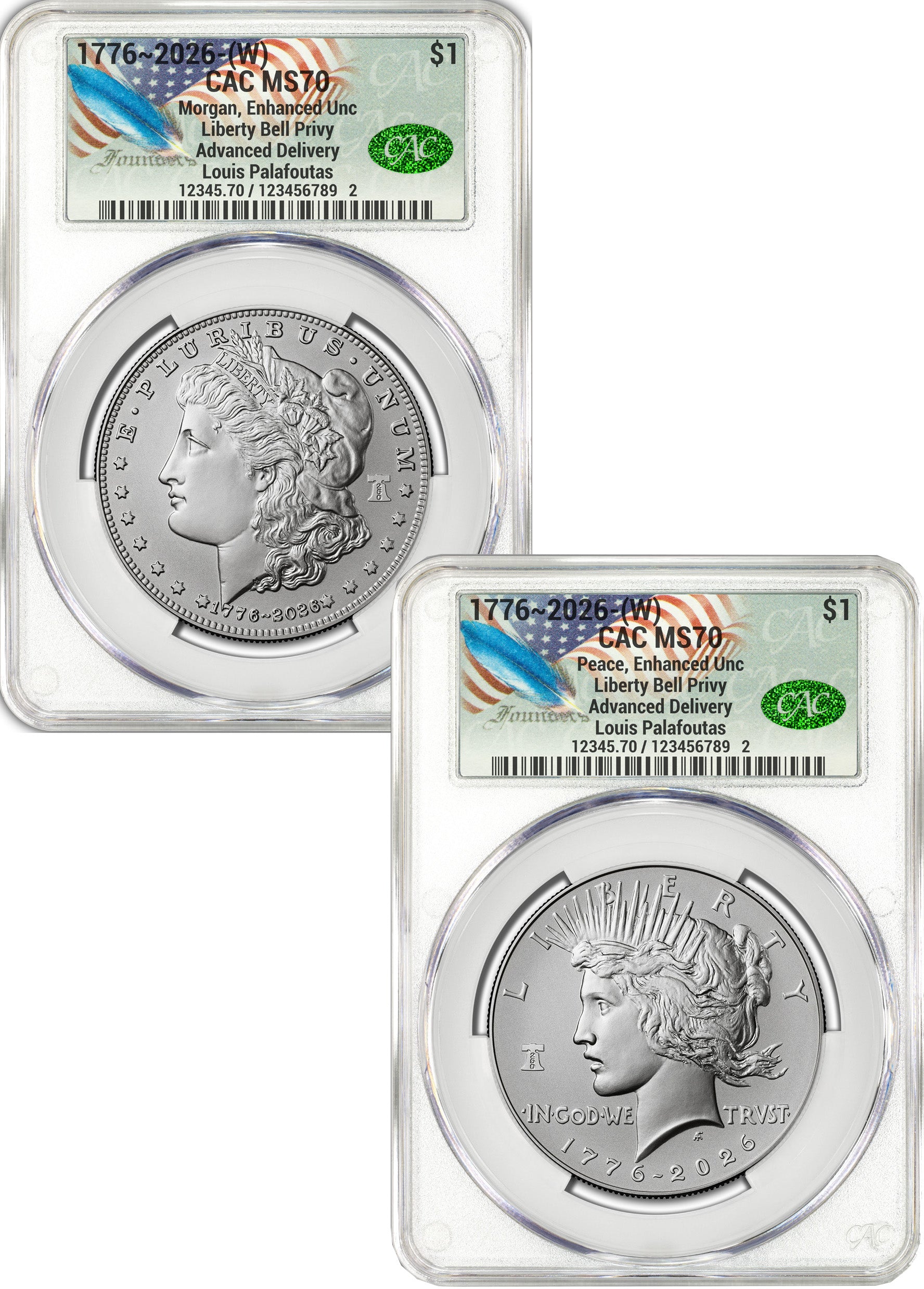 2026-W Morgan and Peace Dollar Enhanced 2-Coin Set CAC MS70 AD Founders Label