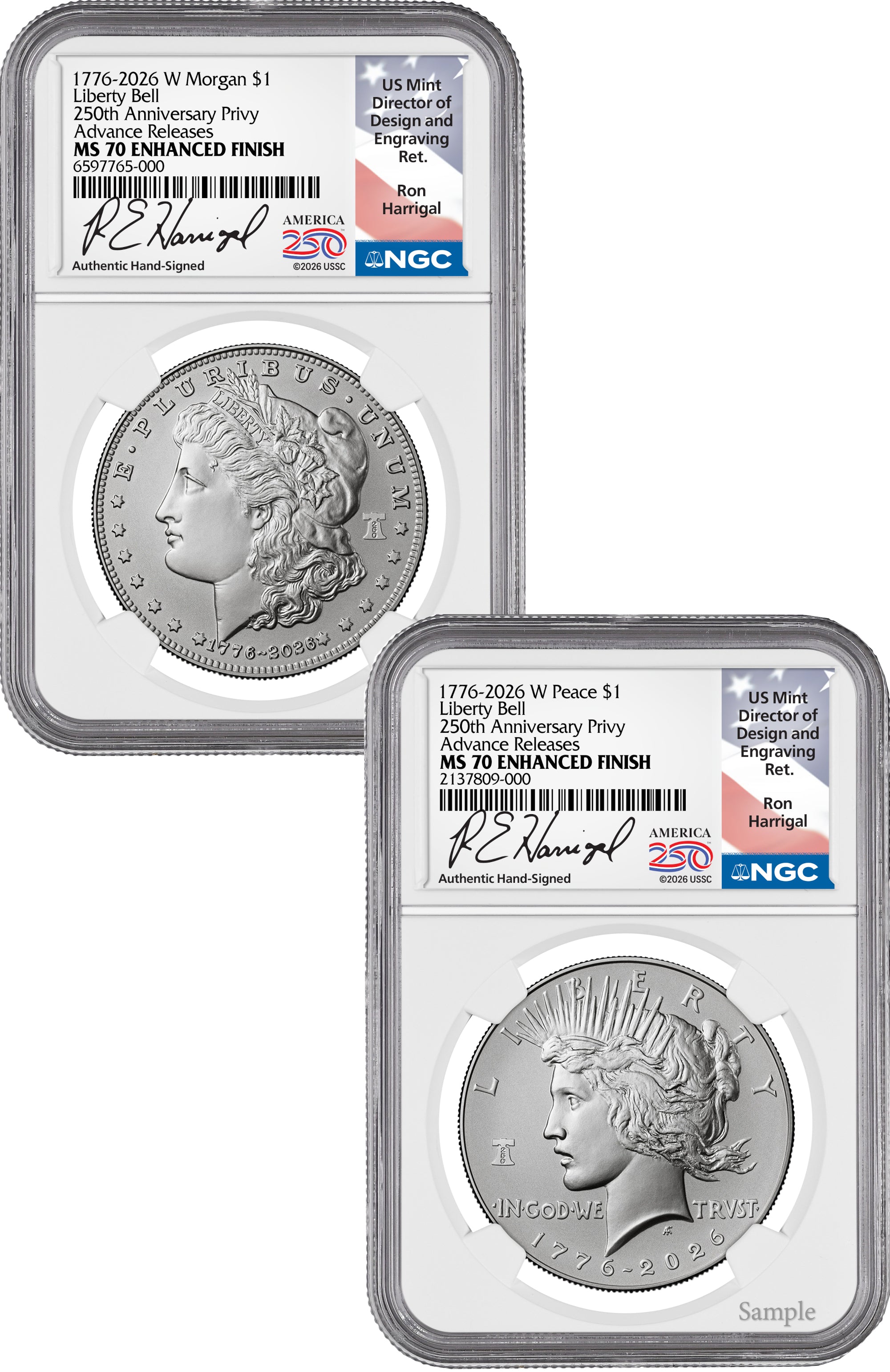 2026-W Morgan and Peace Dollar Enhanced 2-Coin Set NGC MS70 AR Harrigal Label
