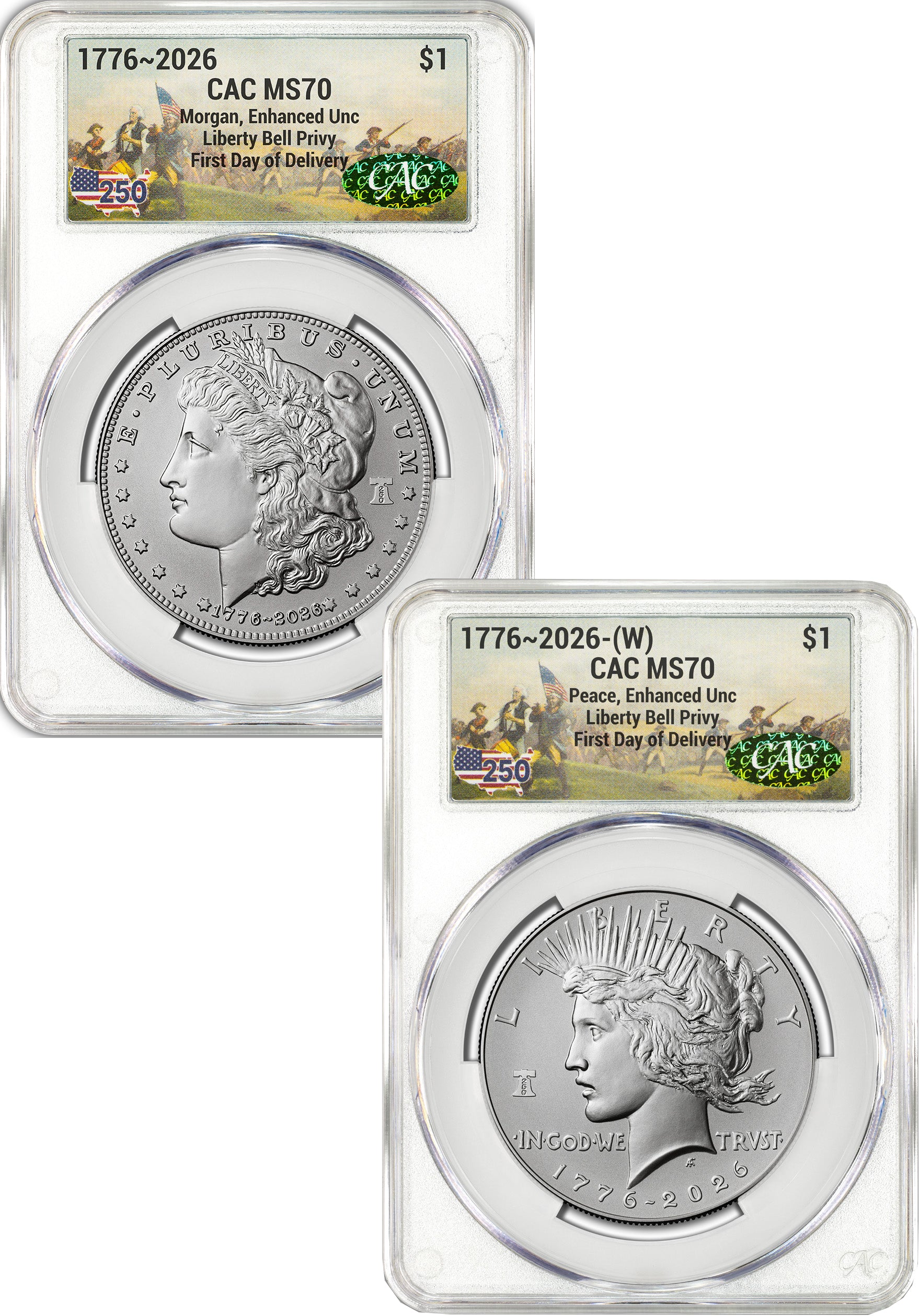 2026-W Morgan and Peace Dollar Enhanced 2-Coin Set CAC MS70 FDD Battlefield Label