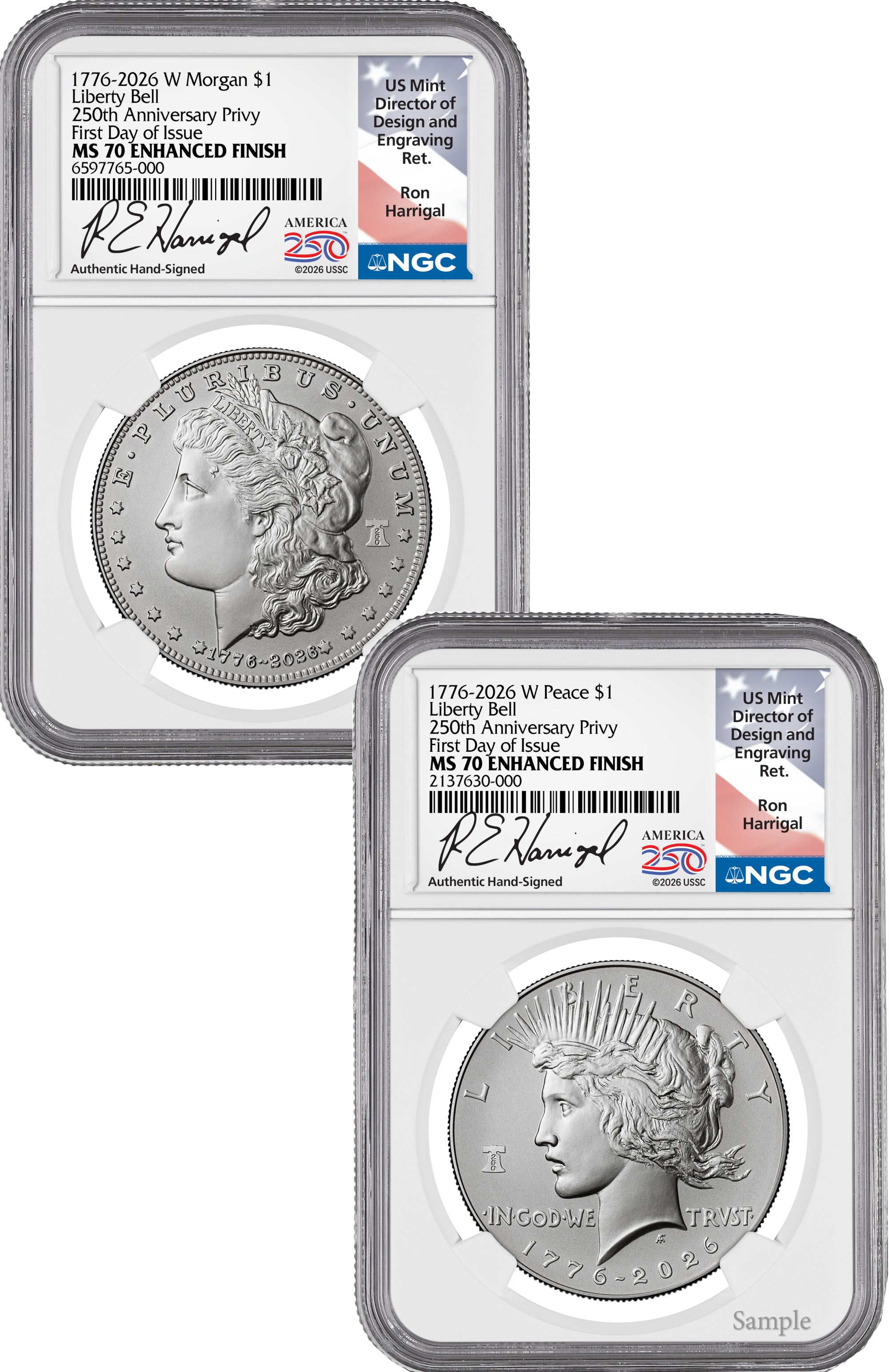 2026-W Morgan and Peace Dollar Enhanced 2-Coin Set NGC MS70 FDI Harrigal Label
