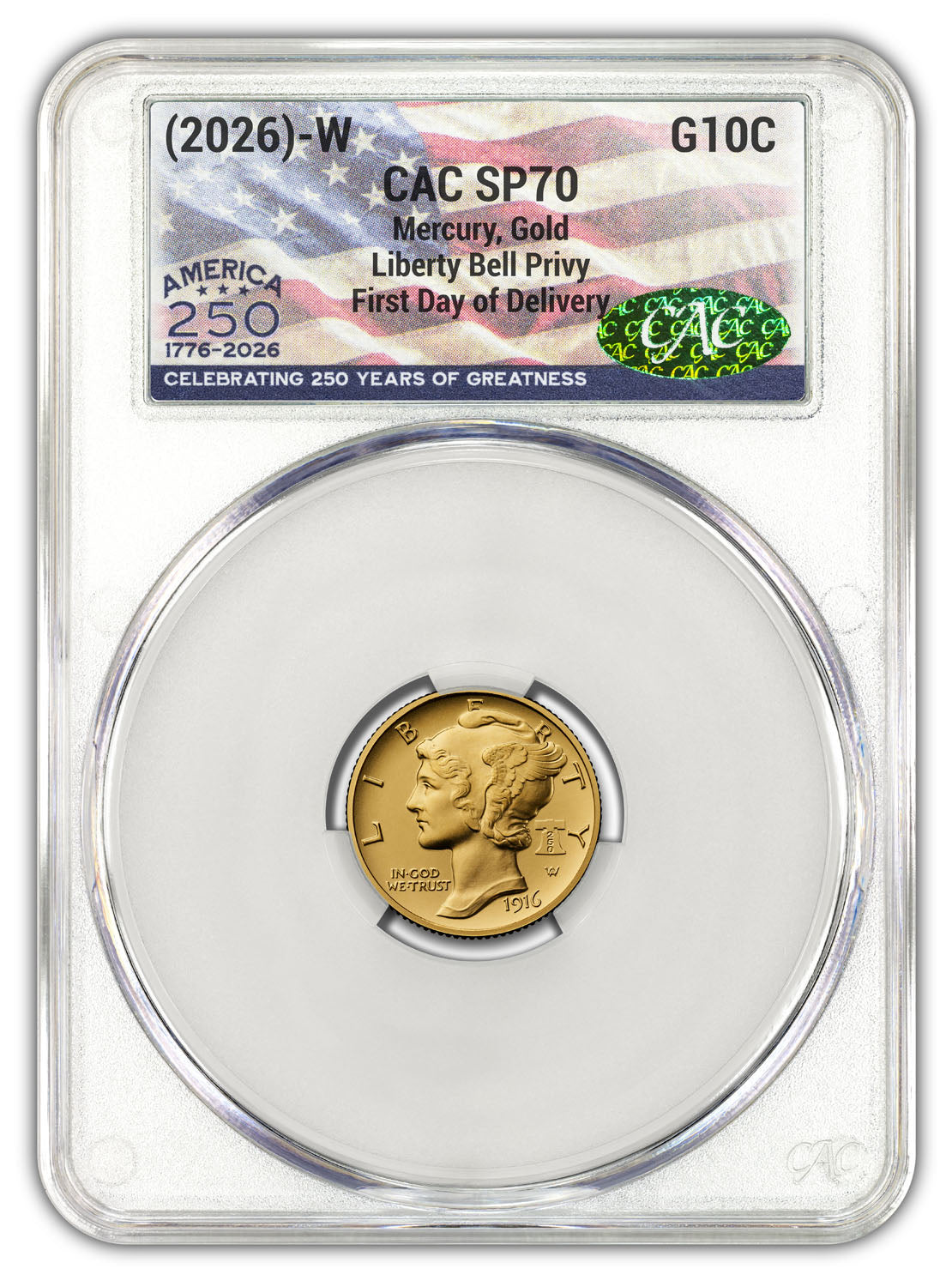 2026-W 1916 Mercury Gold Coin FDD CAC SP70 250 Label