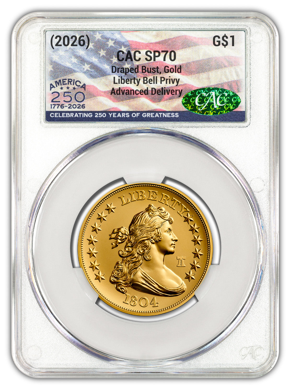 2026 1804 Draped Bust Dollar Gold Coin AD CAC SP70 Flag