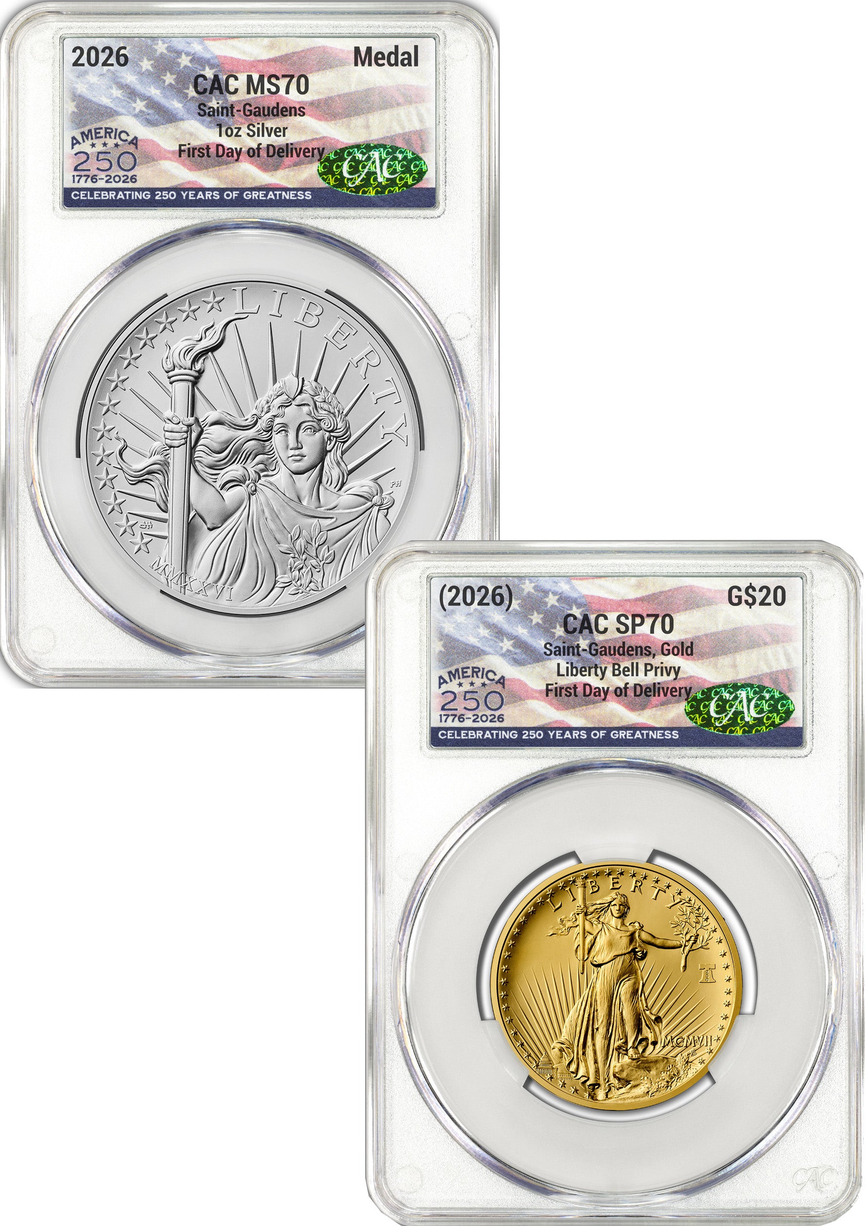 2026 1907 Saint-Gaudens High Relief $20 Gold Coin & Silver Medal Set FDD CAC SP70/MS70 Flag