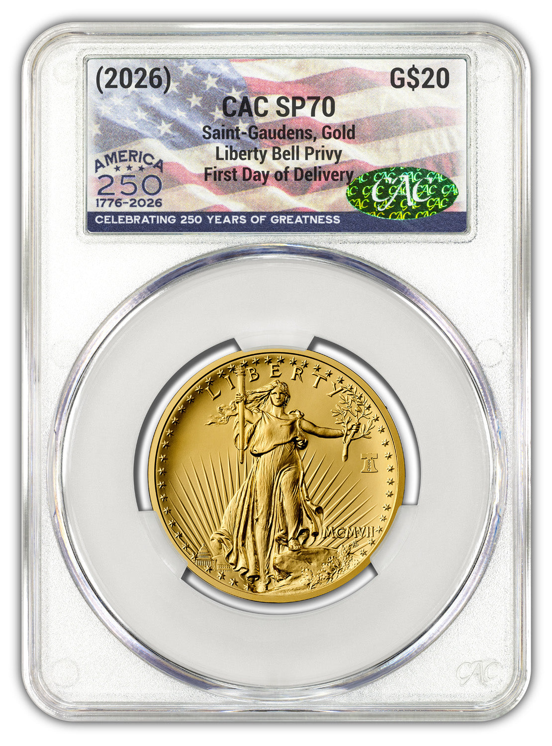 2026 1907 Saint-Gaudens High Relief $20 Gold Coin FDD CAC SP70 Flag