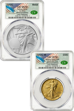 2026-W Best of the Mint 1916 Gold Walking Liberty Half & Silver Medal Set AD CAC SP70/MS70 Founders