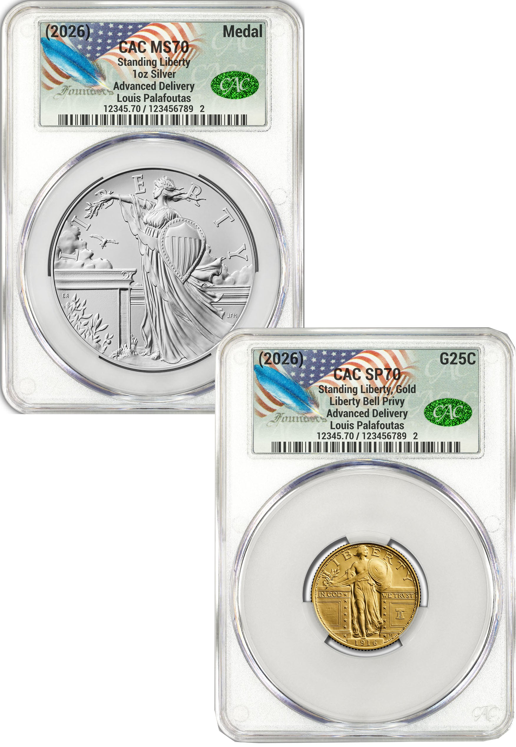 1916 Standing Liberty Quarter Gold Coin and Silver Medal Set AD CAC SP70/MS70 Founders