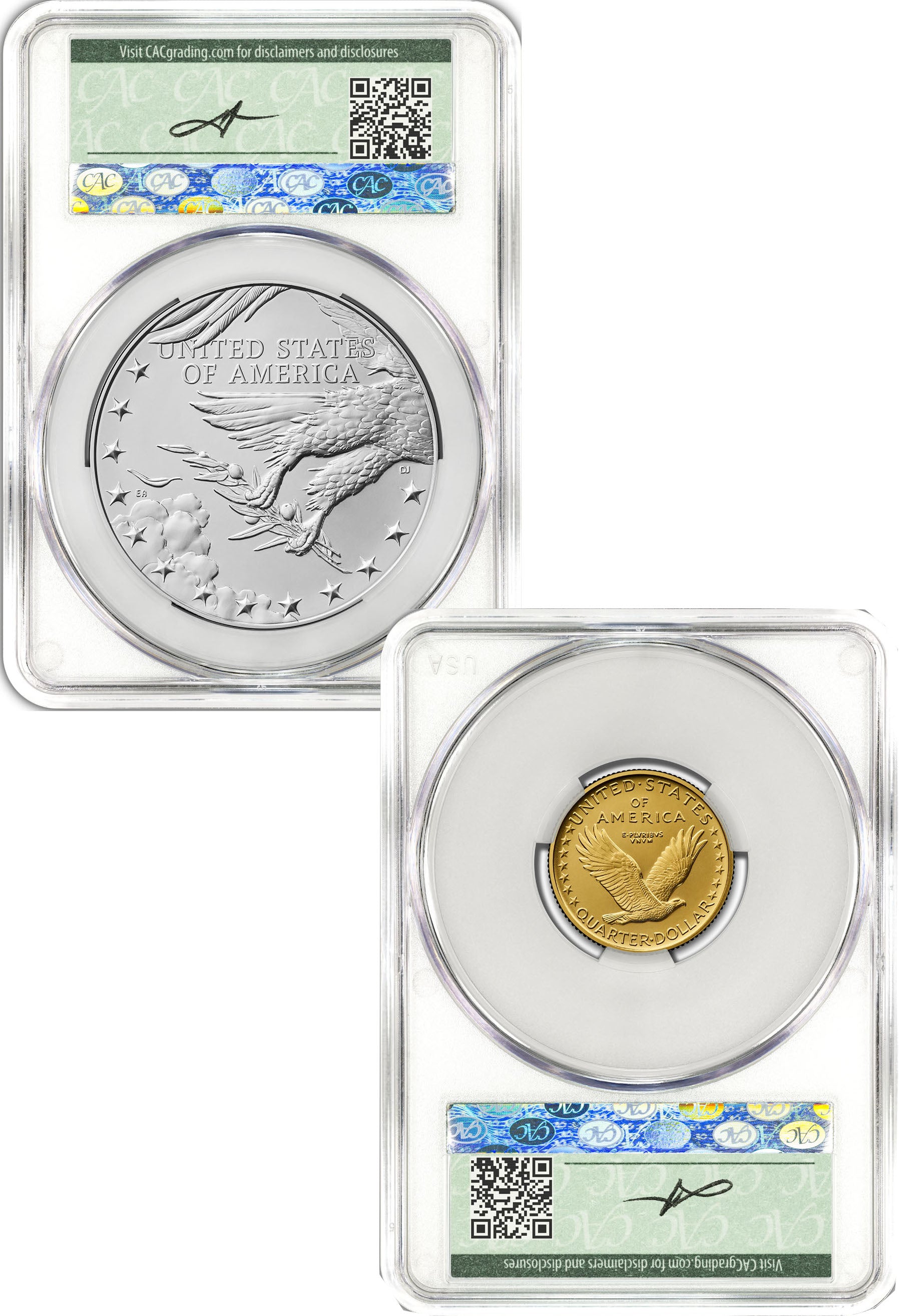 1916 Standing Liberty Quarter Gold Coin and Silver Medal Set AD CAC SP70/MS70 Founders