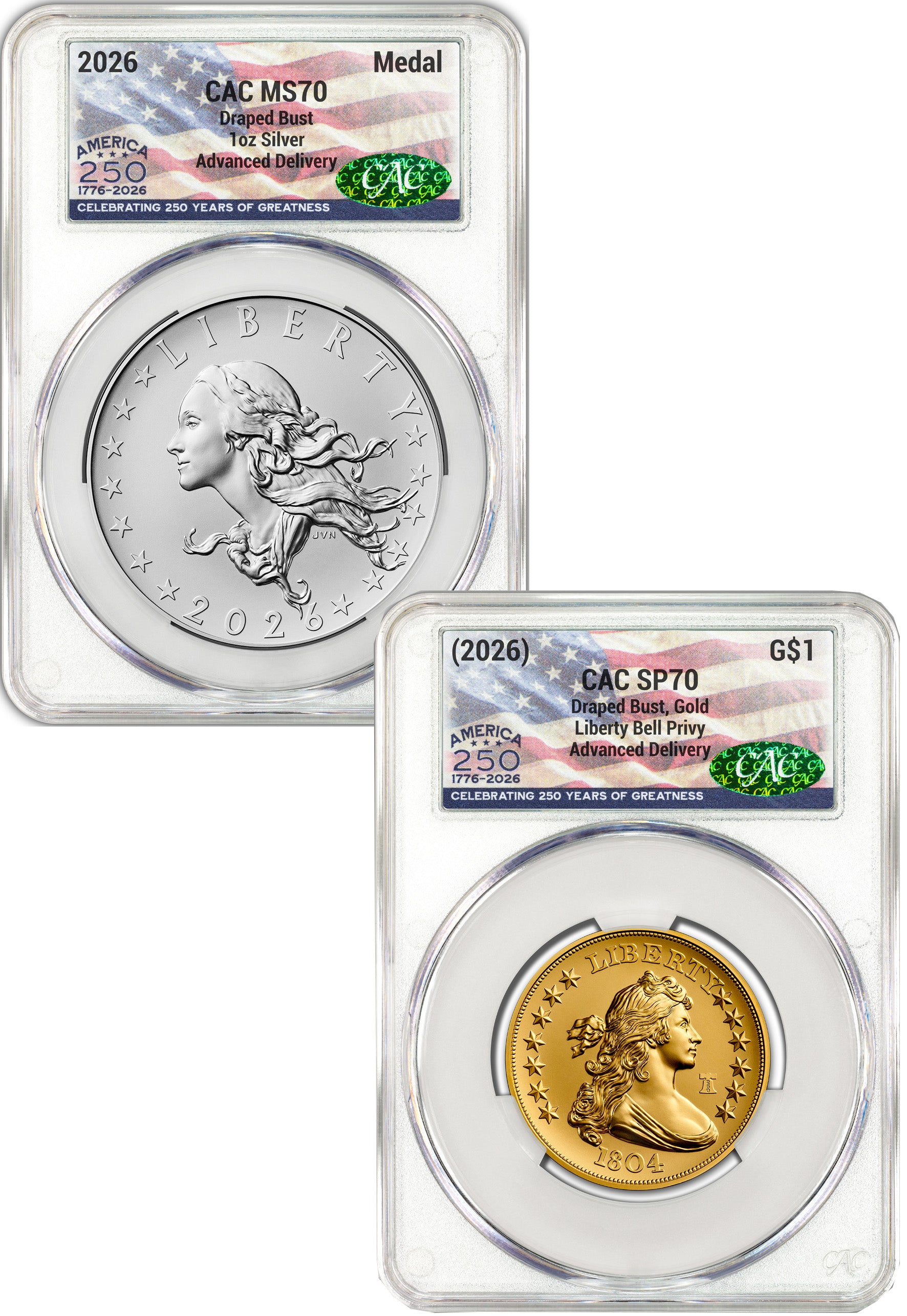 2026 Best of the Mint 1804 Draped Bust Gold Coin & Silver Medal Set FDD CAC SP70/MS70 Flag