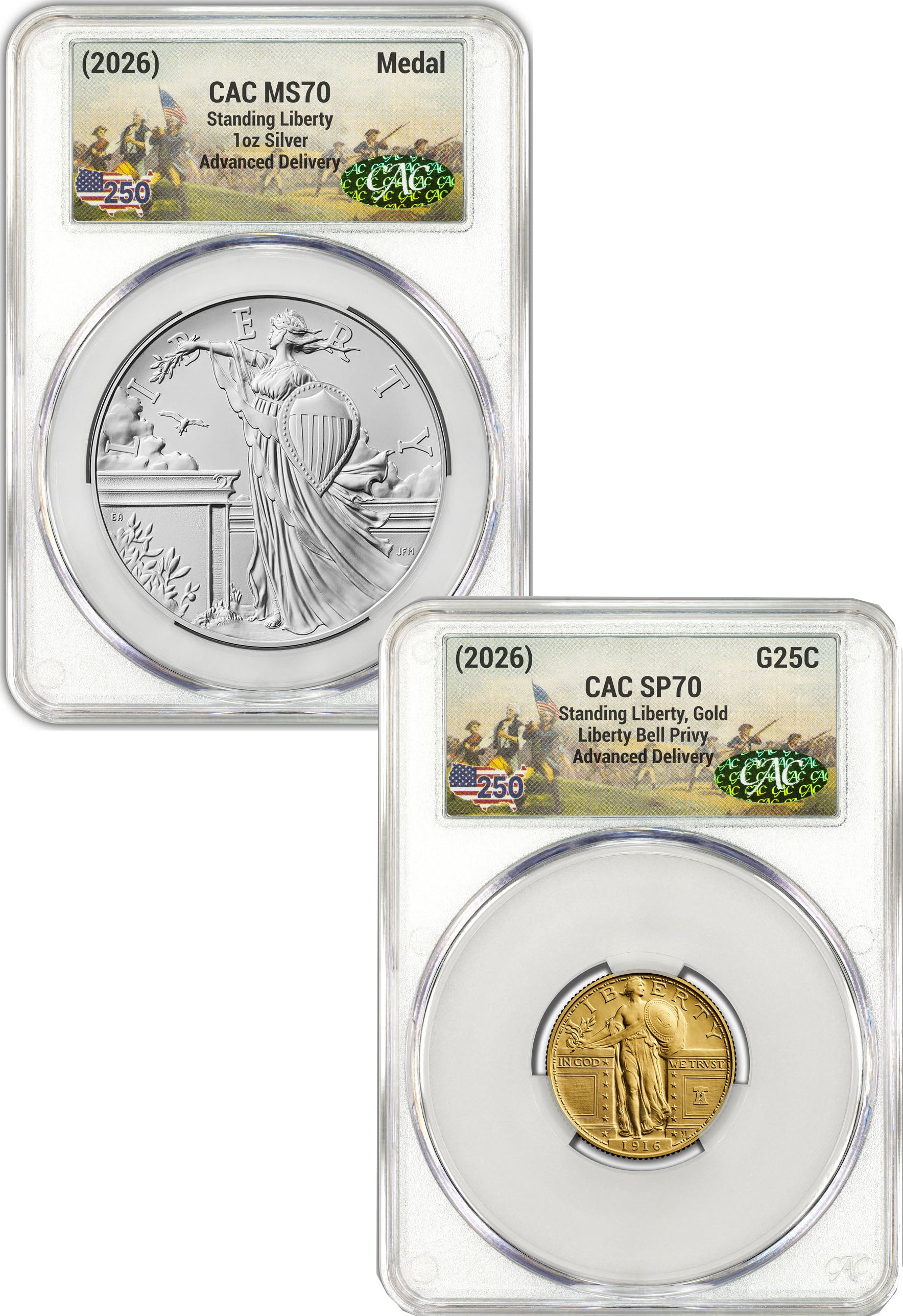 2026 Best of Mint 1916 Standing Liberty Quarter Gold Coin and Silver Medal Set AD CAC SP70/MS70 Battlefield