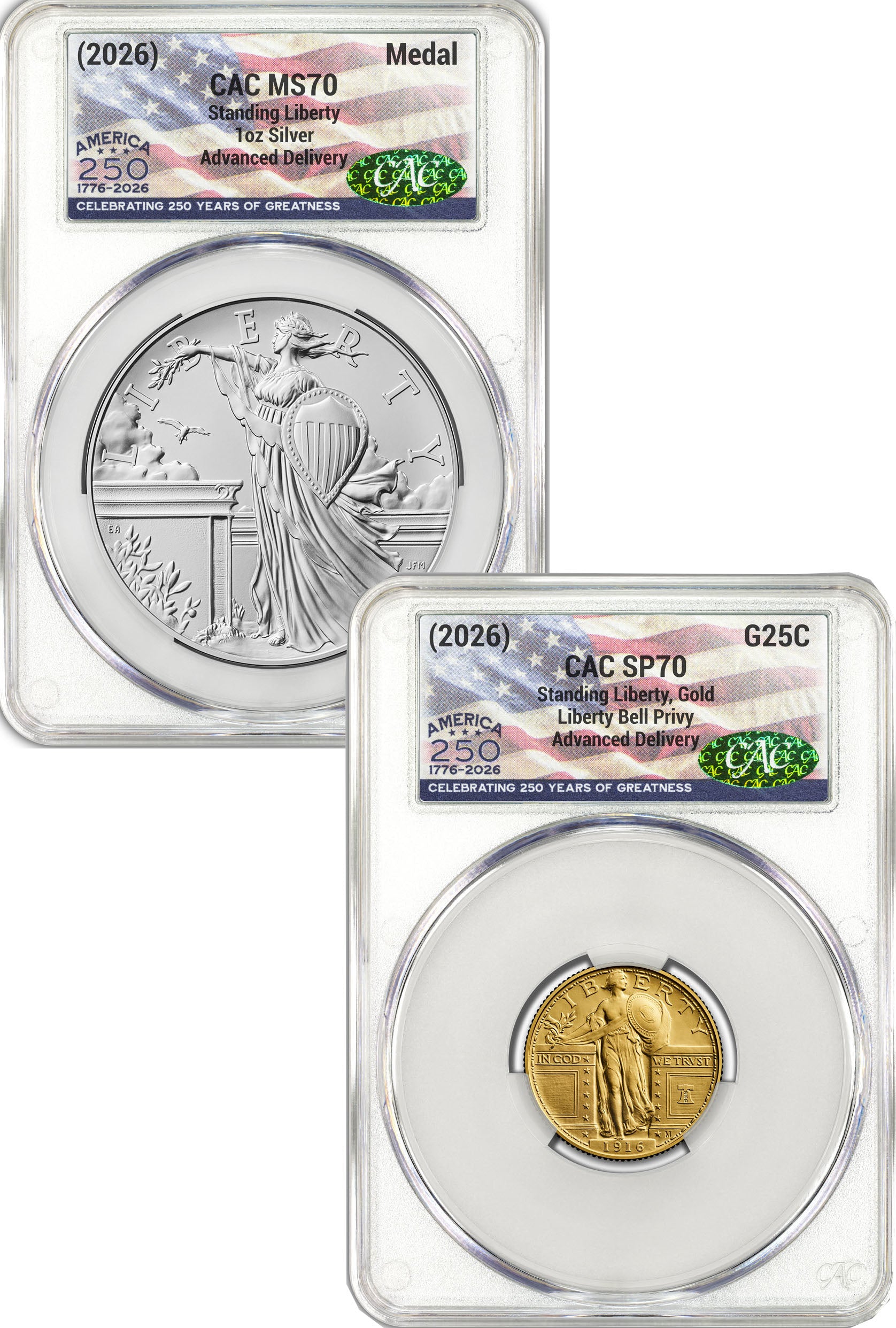 2026 Best of Mint 1916 Standing Liberty Quarter Gold Coin and Silver Medal Set AD CAC SP70/MS70 Flag