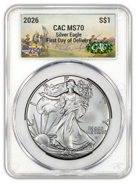 2026 American Silver Eagle 250th Battlefield Label FDD CAC MS70