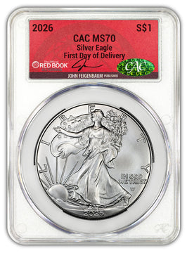 2026 Silver Eagle FDD CAC MS70 Red Book Label Signed by John Feigenbaum
