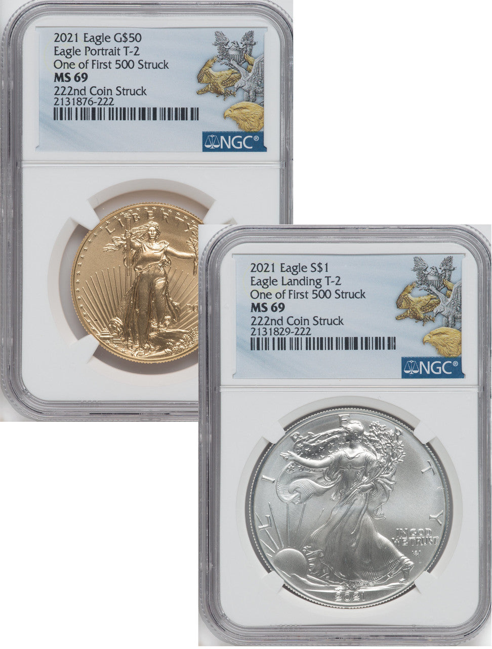 2021 2 Coin Set T2 Gold Silver Eagles 222nd Dusk & Dawn 35th Anniversary NGC MS69