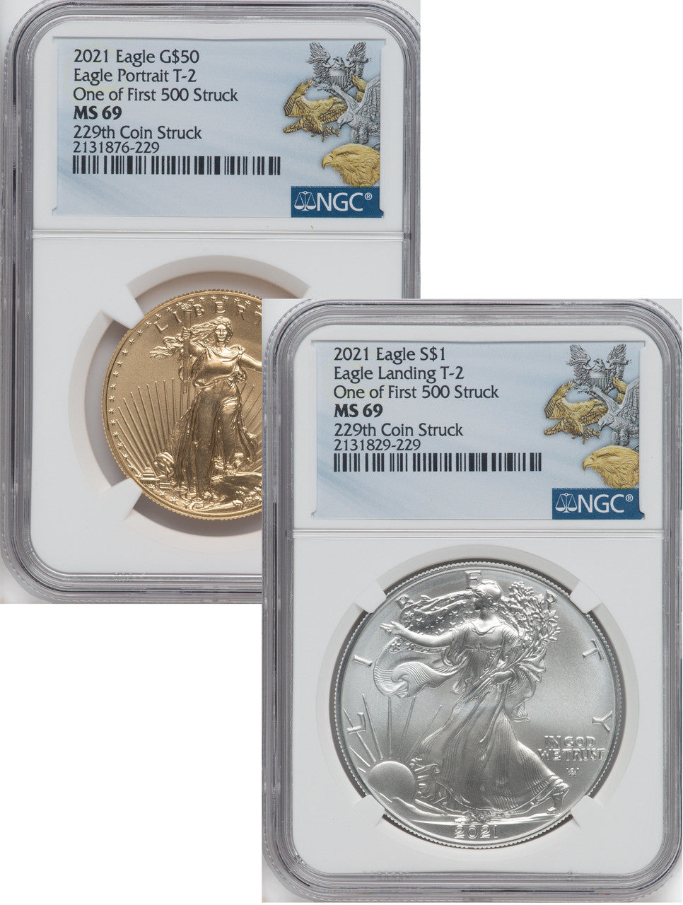 2021 2 Coin Set T2 Gold Silver Eagles 229th Dusk & Dawn 35th Anniversary NGC MS69