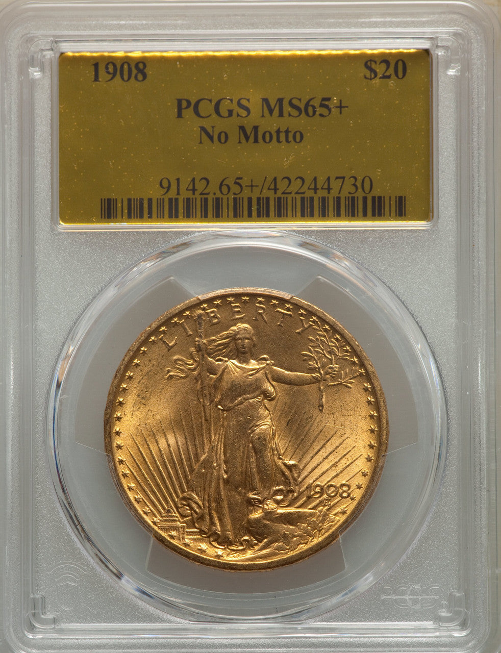 1908 $20 NO MOTTO Saint-Gaudens Double Eagle PCGS MS65+