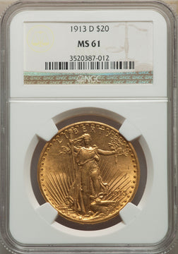 1913-D $20 Saint-Gaudens Double Eagle NGC MS61