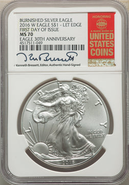 2016-W S$1 Silver Eagle Burnished Lettered Edge 30th Anniversary First Day of Issue SP NGC MS70