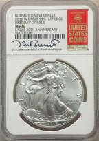 2016-W S$1 Silver Eagle Burnished Lettered Edge 30th Anniversary First Day of Issue SP NGC MS70