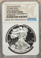 2016-W S$1 Silver Eagle Lettered Edge 30th Anniversary First Strike NGC MS70
