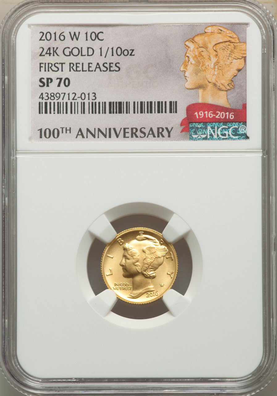 2016-W 10C Mercury Dime Gold 100th Anniversary First Strike SP NGC MS70