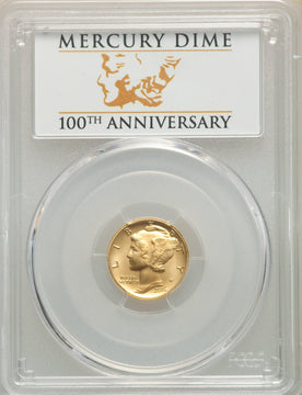 2016-W 10C Mercury Dime Gold 100th Anniversary First Strike Label SP PCGS MS70