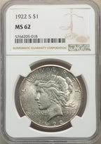 1922-S S$1 Peace Dollar NGC MS62