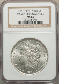 1891-CC $1 VAM-3 Spitting Eagle Morgan Dollar NGC MS62