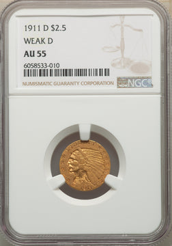 1911-D $2.50 WEAK D Indian Quarter Eagle NGC AU55