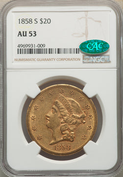 1858-S $20 CAC Liberty Double Eagle NGC AU53