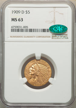 1909-D $5 CAC Indian Half Eagle NGC MS63