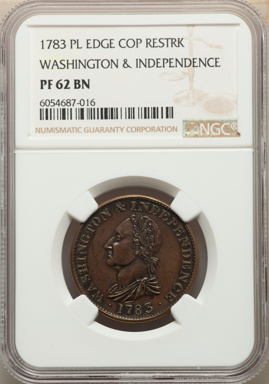 1783 Washington & Independence Cent Draped Bust No Button Copper Restrike Plain Edge BN Colonials NGC MS62