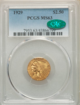 1929 $2.50 CAC Indian Quarter Eagle PCGS MS63