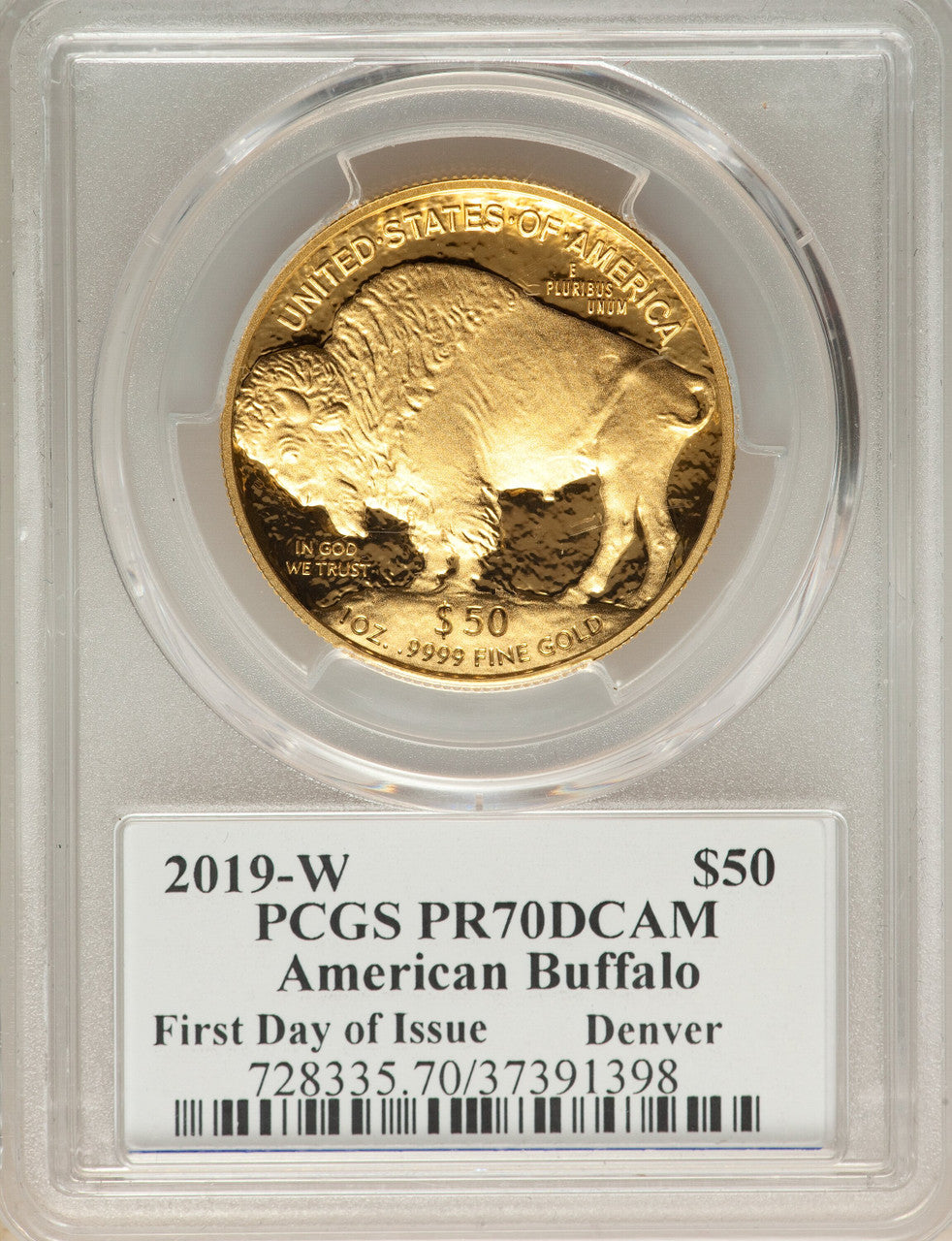 2019-W $50 One-Ounce American Buffalo .9999 Fine Gold First Day of Issue Denver Moy PCGS PR70