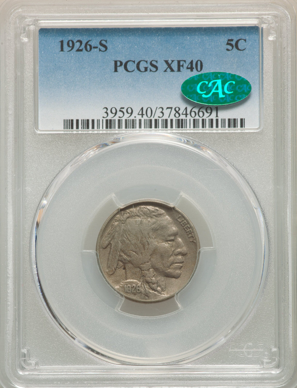 1926-S 5C CAC Buffalo Nickel PCGS XF40