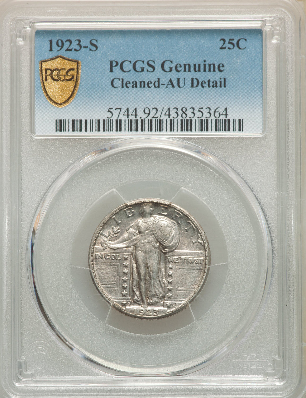 1923-S 25C Genuine Standing Liberty Quarter Genuine PCGS AU50