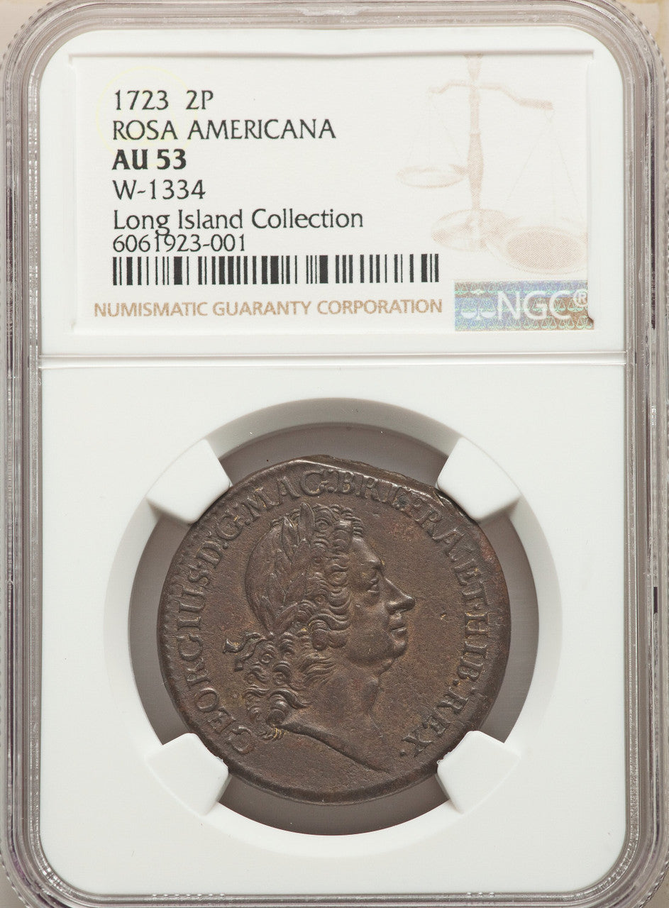 1723 Rosa Americana Twopence BN Colonials NGC AU53