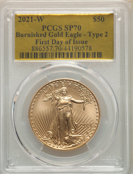 2021-W One-Ounce Gold Eagle Type Two Burnished FDI Gold Foil PCGS MS70
