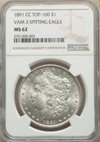 1891-CC $1 VAM-3 Spitting Eagle Morgan Dollar NGC MS62