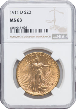 1911-D $20 Saint-Gaudens Double Eagle NGC MS63