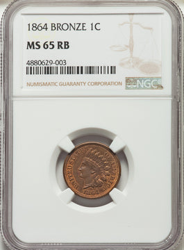 1864 Bronze No L RB Indian Cent NGC MS65