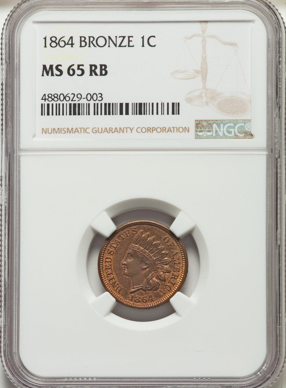 1864 Bronze No L RB Indian Cent NGC MS65