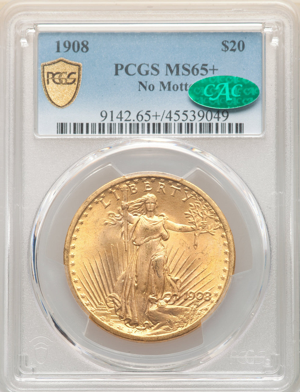 1908 $20 NO MOTTO CAC Saint-Gaudens Double Eagle PCGS MS65+