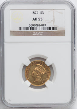 1874 $3 Three Dollar Gold Pieces NGC AU55
