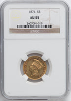 1874 $3 Three Dollar Gold Pieces NGC AU55