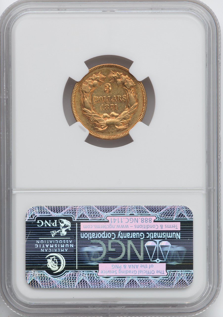 1874 $3 Three Dollar Gold Pieces NGC AU55
